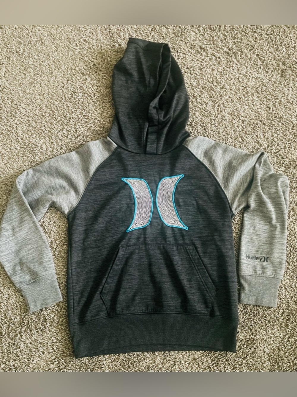 Hurley Dark Gray & Light Gray Hoodie with Teal Logo